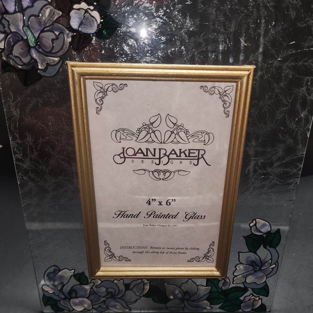 Vtg Hand Painted Glass Frame Magnolias 4x6 - Gold and Purple NWT